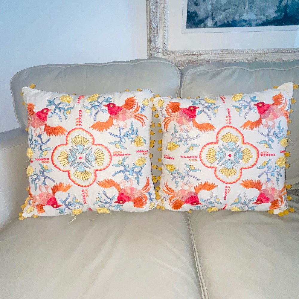 Pier 1 Embroidered Bird Floral Throw Pillows Pom Pom Trim Yellow Set of 2